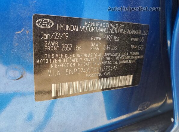 5NPE24AFXKH770447 2019 HYUNDAI SONATA Blue Вид підкапотного простору