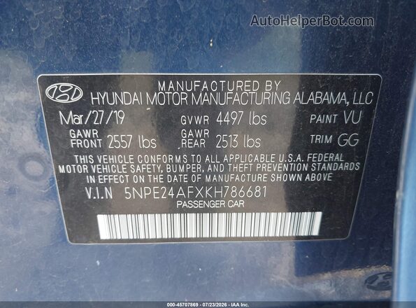 5NPE24AFXKH786681 2019 HYUNDAI SONATA Blue Շարժիչի բաժամունքի տեսք