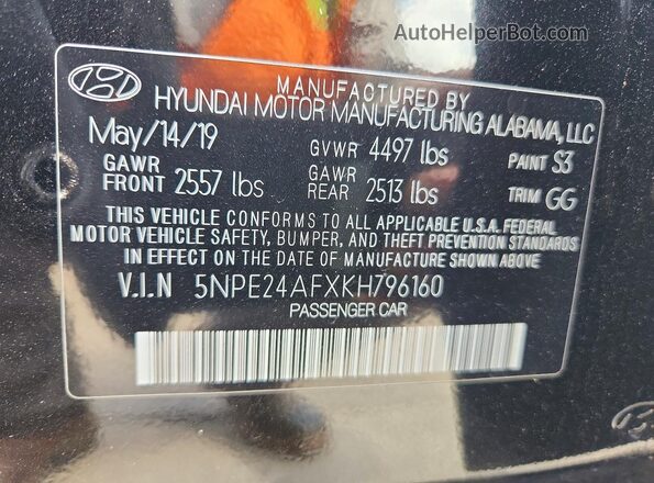 5NPE24AFXKH796160 2019 HYUNDAI SONATA Black VIN կոդի պիտակի տեսք