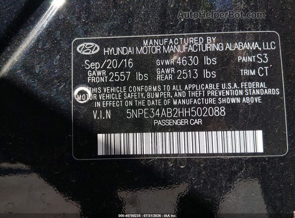 5NPE34AB2HH502088 2017 HYUNDAI SONATA Black Вид підкапотного простору
