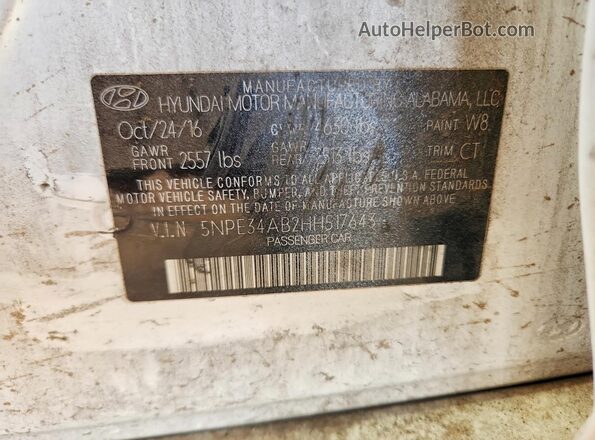 5NPE34AB2HH517643 2017 HYUNDAI SONATA White ძრავის განყოფილების ხედი