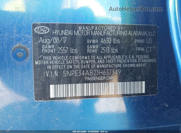 5NPE34AB2JH637349 2018 HYUNDAI SONATA Blue ძრავის განყოფილების ხედი