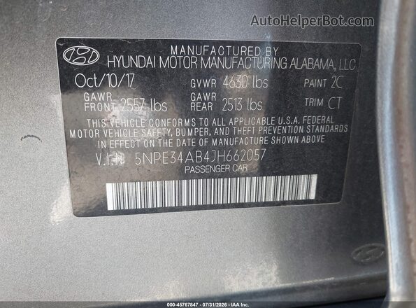 5NPE34AB4JH662057 2018 HYUNDAI SONATA Gray Engine compartment view