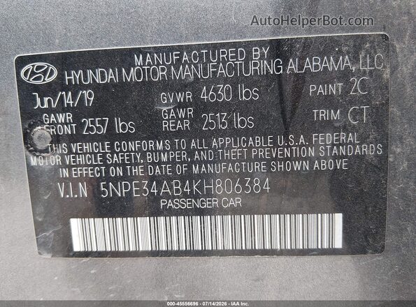5NPE34AB4KH806384 2019 HYUNDAI SONATA Серый Вид подкапотного пространства