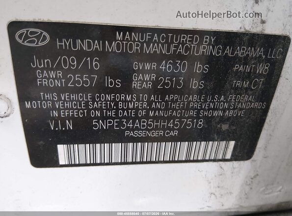 5NPE34AB5HH457518 2017 HYUNDAI SONATA White Engine compartment view