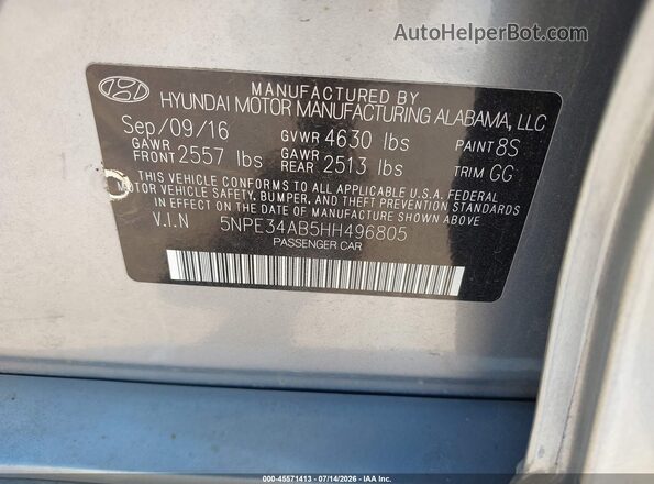 5NPE34AB5HH496805 2017 HYUNDAI SONATA Gray Widok komory silnika