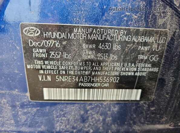 5NPE34AB7HH536902 2017 HYUNDAI SONATA Blue Widok komory silnika