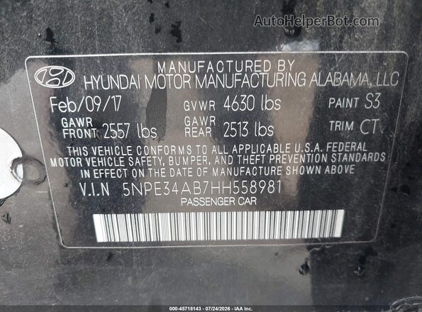 5NPE34AB7HH558981 2017 HYUNDAI SONATA Black ძრავის განყოფილების ხედი