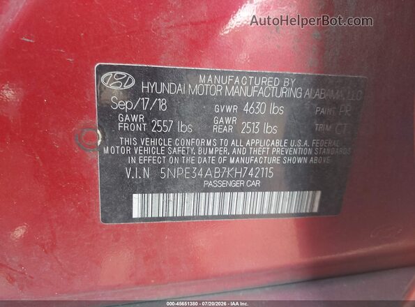 5NPE34AB7KH742115 2019 HYUNDAI SONATA Red Engine compartment view