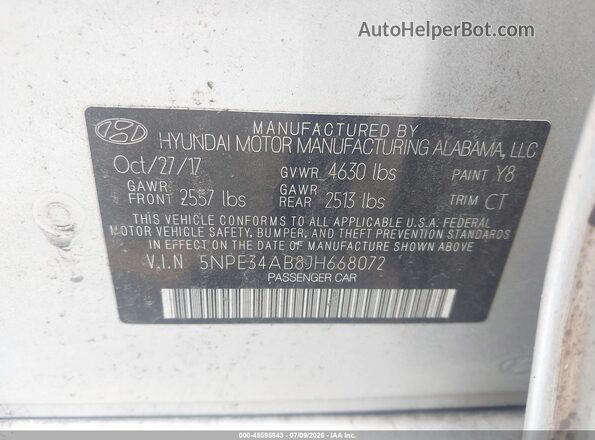5NPE34AB8JH668072 2018 HYUNDAI SONATA Серебряный Вид подкапотного пространства