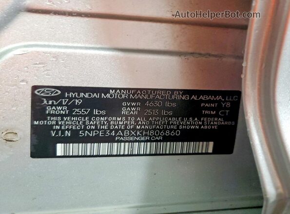 5NPE34ABXKH806860 2019 HYUNDAI SONATA Серебряный Вид подкапотного пространства