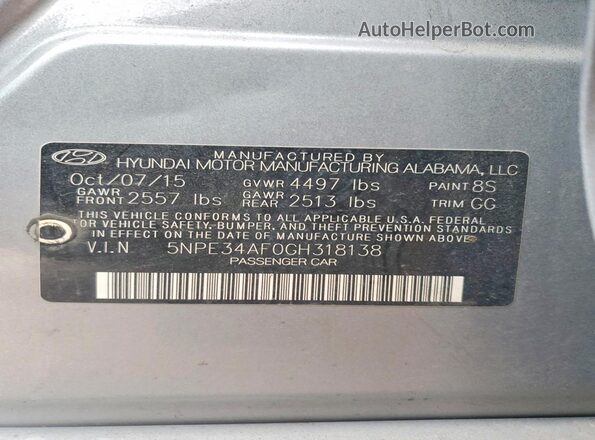 5NPE34AF0GH318138 2016 HYUNDAI SONATA Silver Vista de la etiqueta del VIN