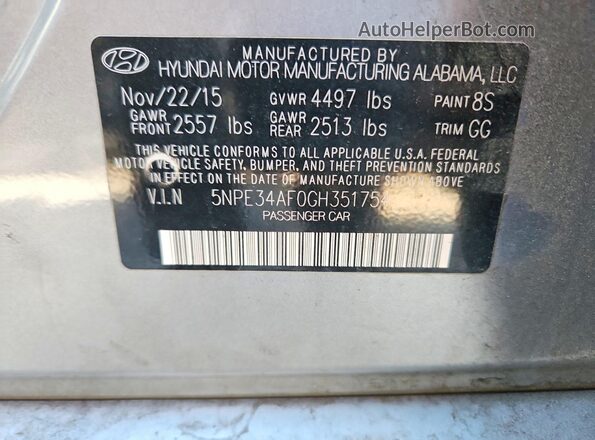 5NPE34AF0GH351754 2016 HYUNDAI SONATA Gray Вид підкапотного простору