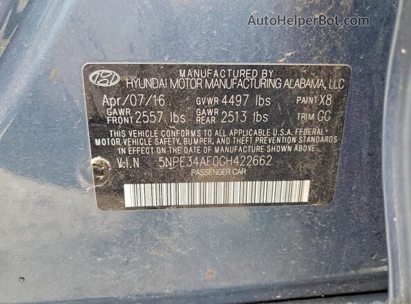 5NPE34AF0GH422662 2016 HYUNDAI SONATA Blue Widok naklejki z numerem VIN
