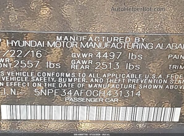 5NPE34AF0GH431314 2016 HYUNDAI SONATA Gray ძრავის განყოფილების ხედი