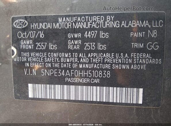 5NPE34AF0HH510838 2017 HYUNDAI SONATA Brown Вид підкапотного простору