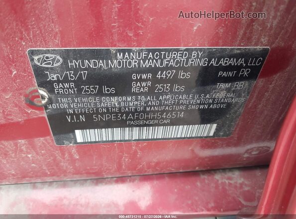 5NPE34AF0HH546514 2017 HYUNDAI SONATA Red Widok komory silnika