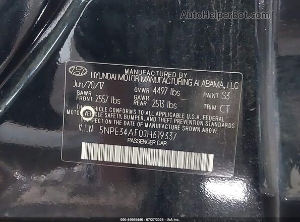 5NPE34AF0JH619337 2018 HYUNDAI SONATA Black Widok komory silnika