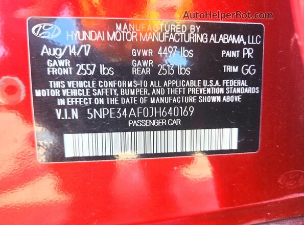 5NPE34AF0JH640169 2018 HYUNDAI SONATA Red Вид підкапотного простору