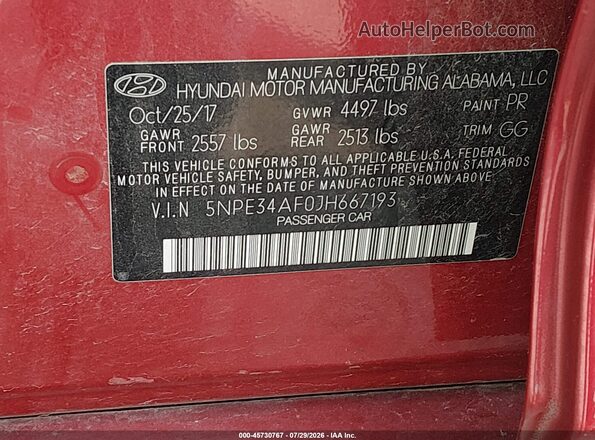 5NPE34AF0JH667193 2018 HYUNDAI SONATA Red ძრავის განყოფილების ხედი