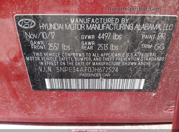 5NPE34AF0JH672524 2018 HYUNDAI SONATA Red ძრავის განყოფილების ხედი