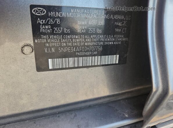 5NPE34AF0JH707756 2018 HYUNDAI SONATA Gray VIN კოდის სტიკერის ხედი