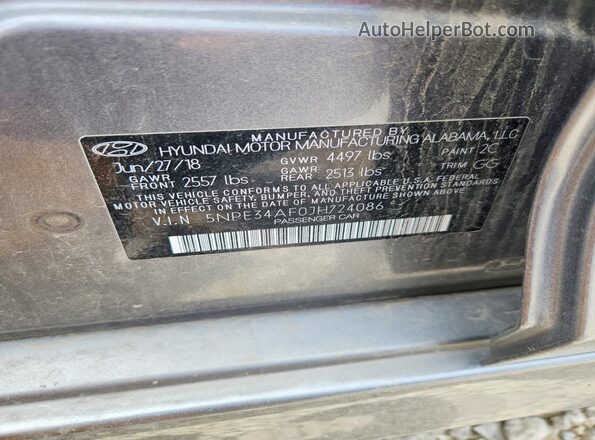 5NPE34AF0JH724086 2018 HYUNDAI SONATA Gray Vista del compartimento del motor