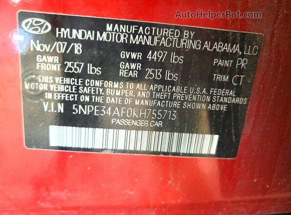 5NPE34AF0KH755713 2019 HYUNDAI SONATA Red VIN sticker view