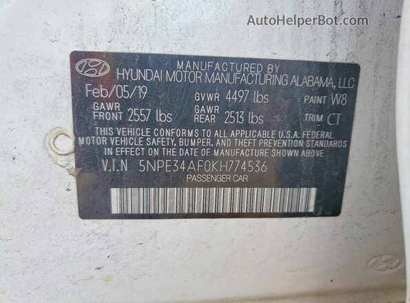 5NPE34AF0KH774536 2019 HYUNDAI SONATA Белый Вид подкапотного пространства