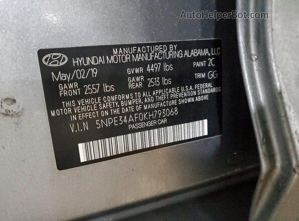 5NPE34AF0KH793068 2019 HYUNDAI SONATA Gray ძრავის განყოფილების ხედი