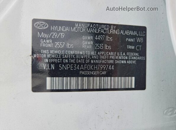 5NPE34AF0KH799744 2019 HYUNDAI SONATA White Vista del compartimento del motor
