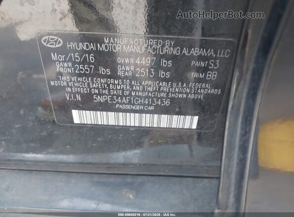 5NPE34AF1GH413436 2016 HYUNDAI SONATA Black Vista del compartimento del motor