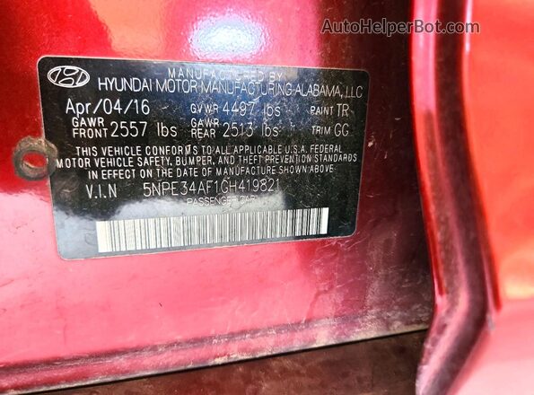 5NPE34AF1GH419821 2016 HYUNDAI SONATA Burgundy Vista del compartimento del motor