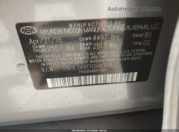 5NPE34AF1GH430978 2016 HYUNDAI SONATA Серебряный Вид подкапотного пространства