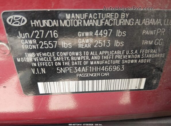 5NPE34AF1HH466963 2017 HYUNDAI SONATA Red Vista del compartimento del motor