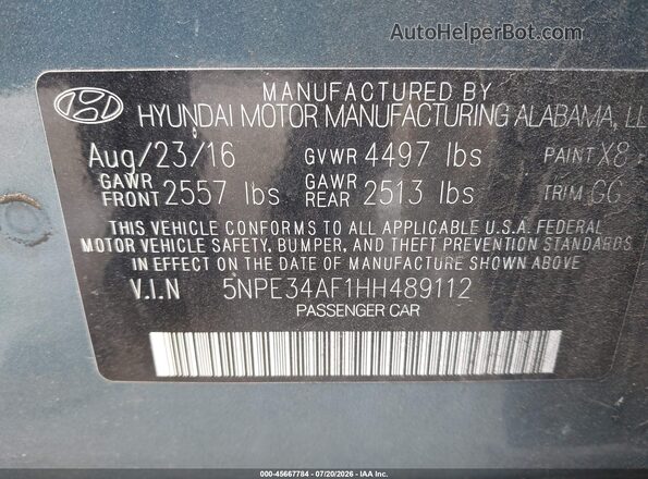 5NPE34AF1HH489112 2017 HYUNDAI SONATA Turquoise Engine compartment view