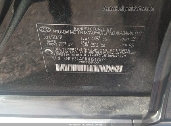 5NPE34AF1HH549597 2017 HYUNDAI SONATA Black ძრავის განყოფილების ხედი