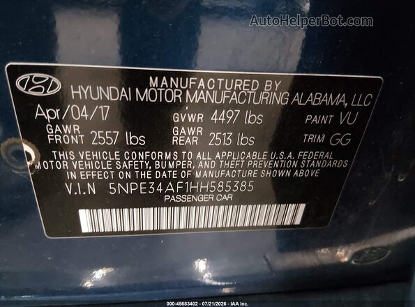 5NPE34AF1HH585385 2017 HYUNDAI SONATA Blue Շարժիչի բաժամունքի տեսք