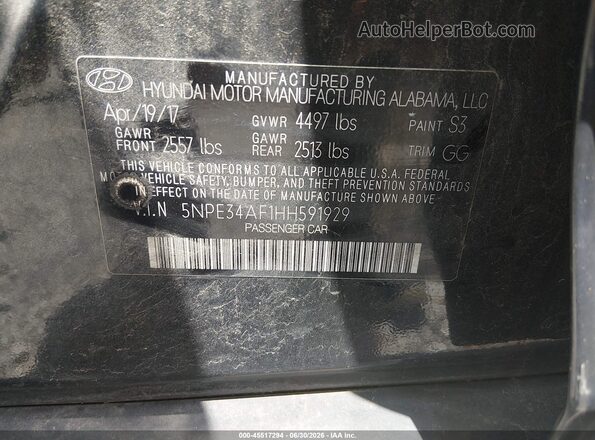5NPE34AF1HH591929 2017 HYUNDAI SONATA Black Vista del compartimento del motor