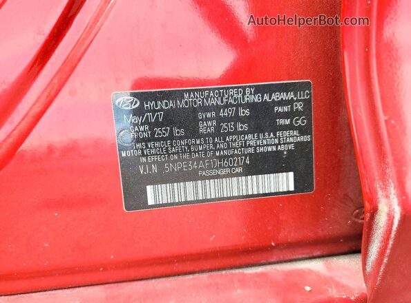 5NPE34AF1JH602174 2018 HYUNDAI SONATA Red VIN կոդի պիտակի տեսք