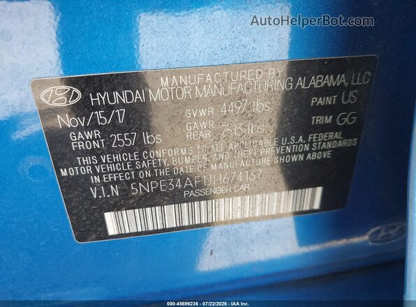 5NPE34AF1JH674167 2018 HYUNDAI SONATA Blue Engine compartment view