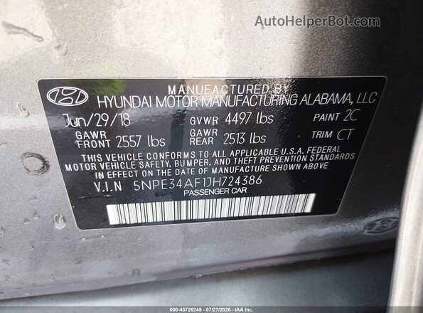 5NPE34AF1JH724386 2018 HYUNDAI SONATA Gray Vista del compartimento del motor