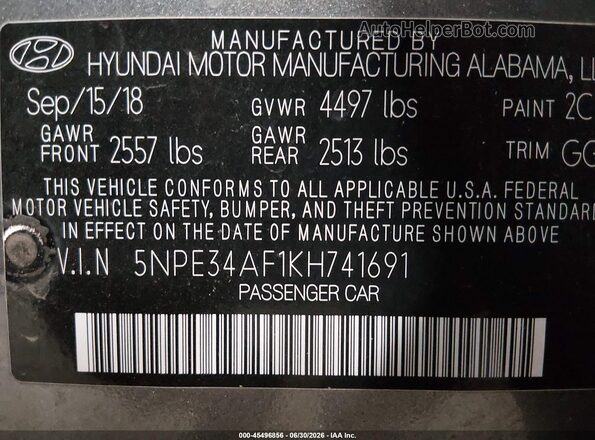 5NPE34AF1KH741691 2019 HYUNDAI SONATA Gray Вид підкапотного простору