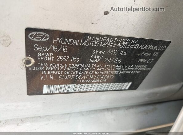 5NPE34AF1KH742419 2019 HYUNDAI SONATA Silver ძრავის განყოფილების ხედი