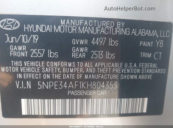 5NPE34AF1KH804353 2019 HYUNDAI SONATA Silver Вид підкапотного простору