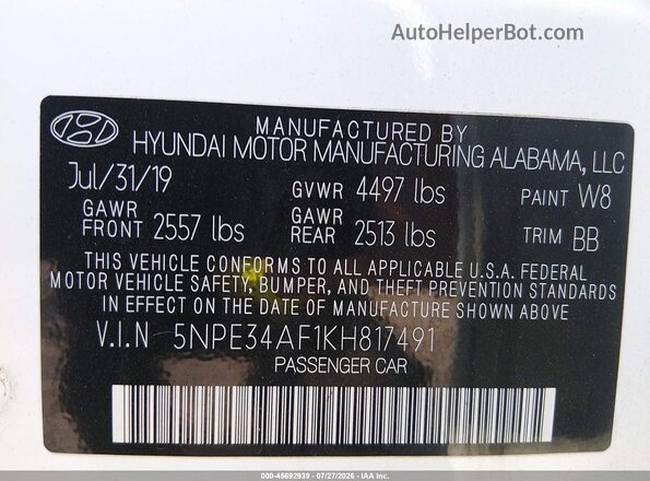 5NPE34AF1KH817491 2019 HYUNDAI SONATA White Вид підкапотного простору