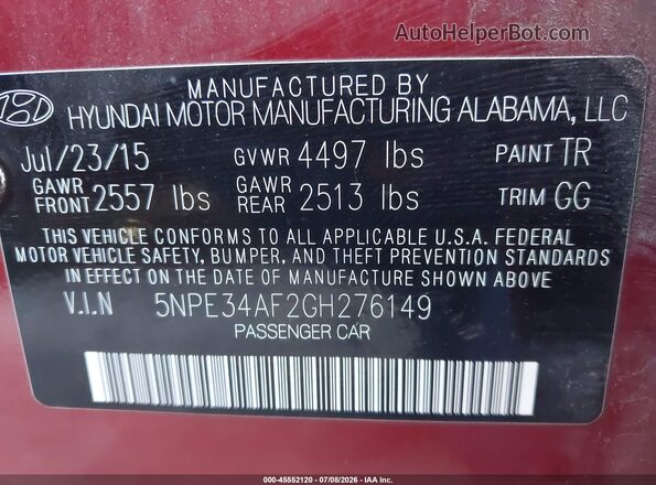 5NPE34AF2GH276149 2016 HYUNDAI SONATA Красный Вид подкапотного пространства