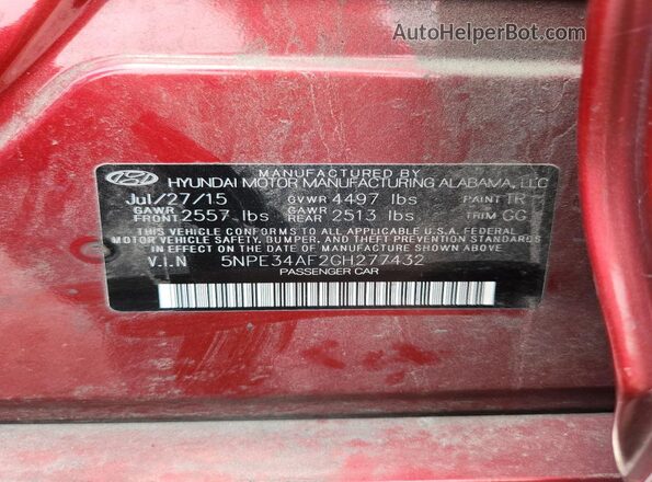 5NPE34AF2GH277432 2016 HYUNDAI SONATA Red VIN sticker view