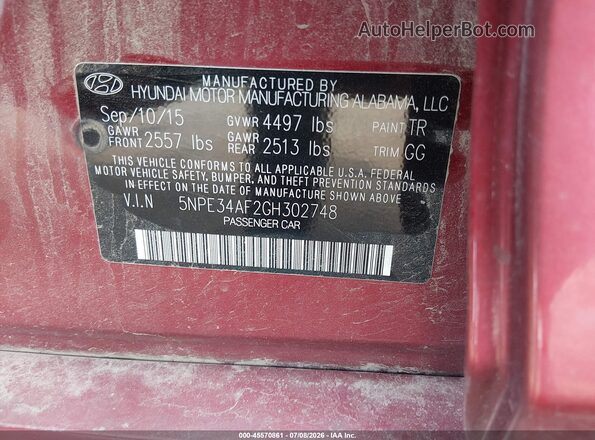 5NPE34AF2GH302748 2016 HYUNDAI SONATA Red Vista del compartimento del motor