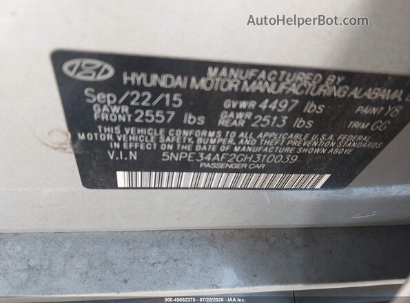 5NPE34AF2GH310039 2016 HYUNDAI SONATA Tan Widok komory silnika
